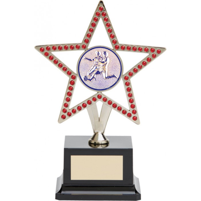  10'' SILVER METAL STAR FOOTBALL TROPHY WITH RED GEMSTONES